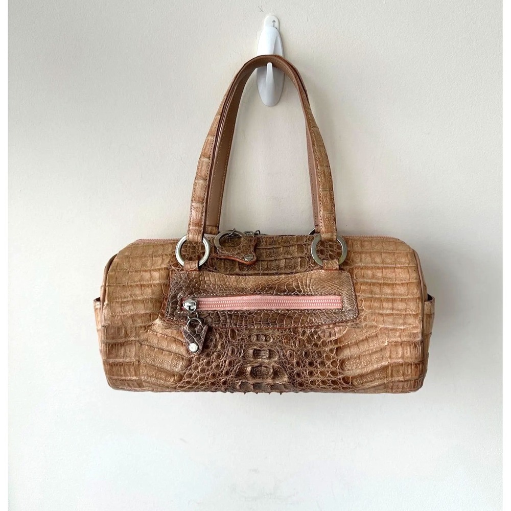 Vintage Nina Raye Genuine Pink Crocodile Horn Back Barrel Hand Bag